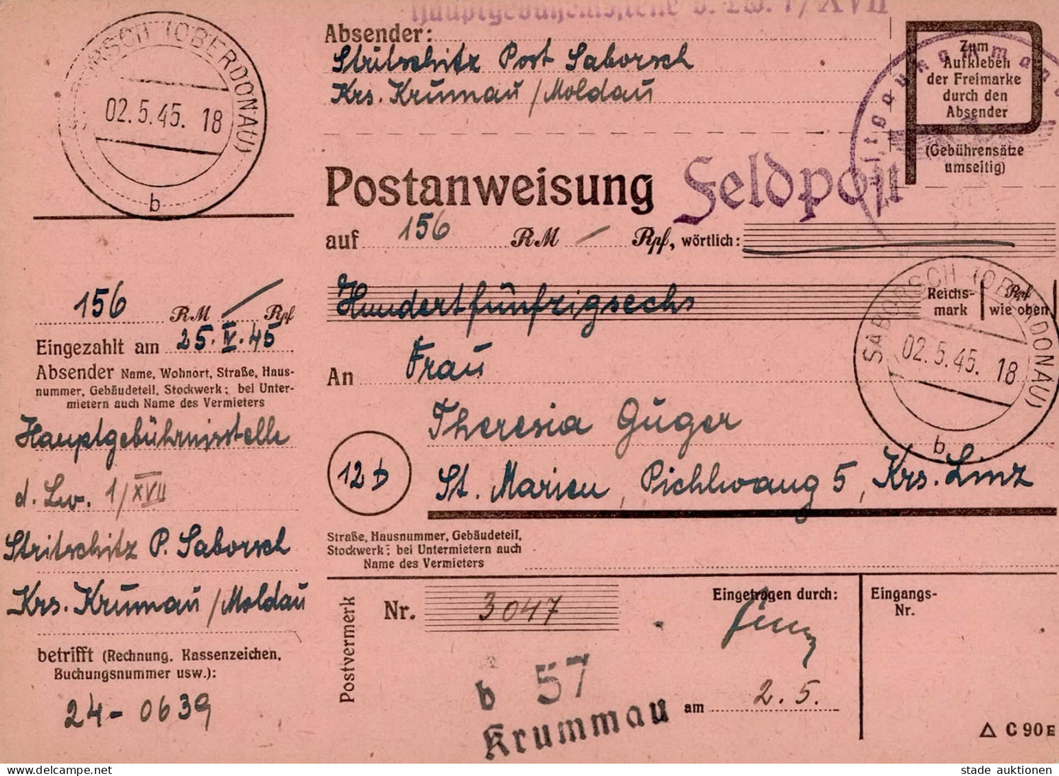 Feldpost WK II Postanweisung Von Saborsch Nach Krummau Vom 2. Mai 1945 (!) - Weltkrieg 1939-45