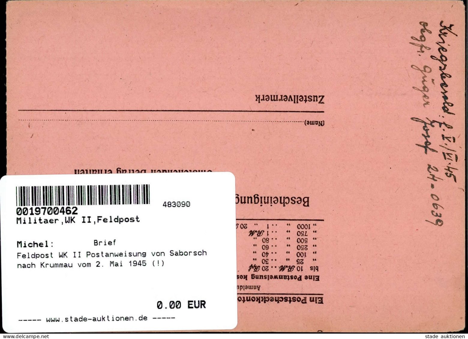 Feldpost WK II Postanweisung Von Saborsch Nach Krummau Vom 2. Mai 1945 (!) - Weltkrieg 1939-45