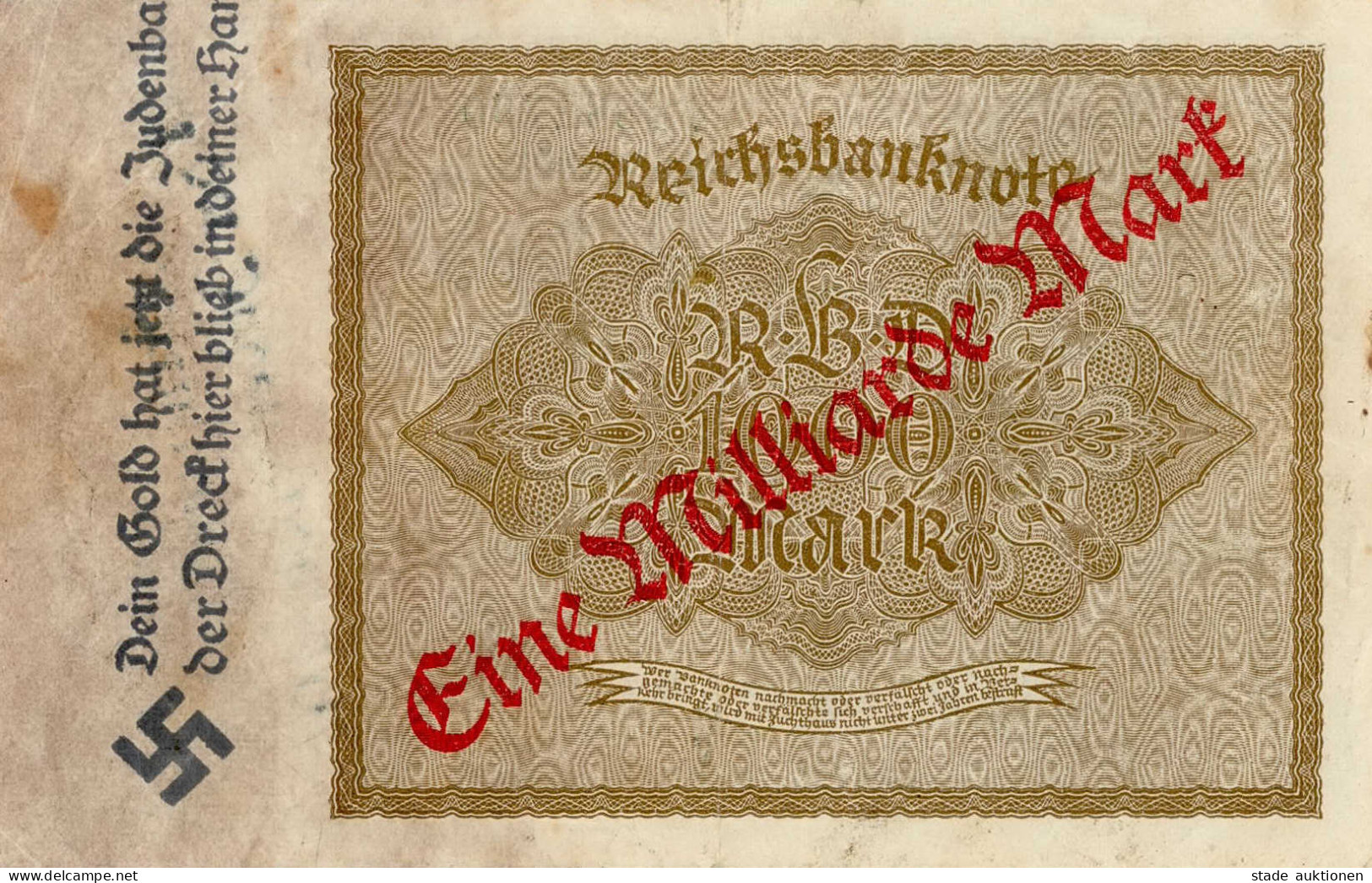 Judaika Reichsbanknote 1922 Mit Vorder- Und Rückseitig Antisemitischen Stempel Judaisme - Giudaismo