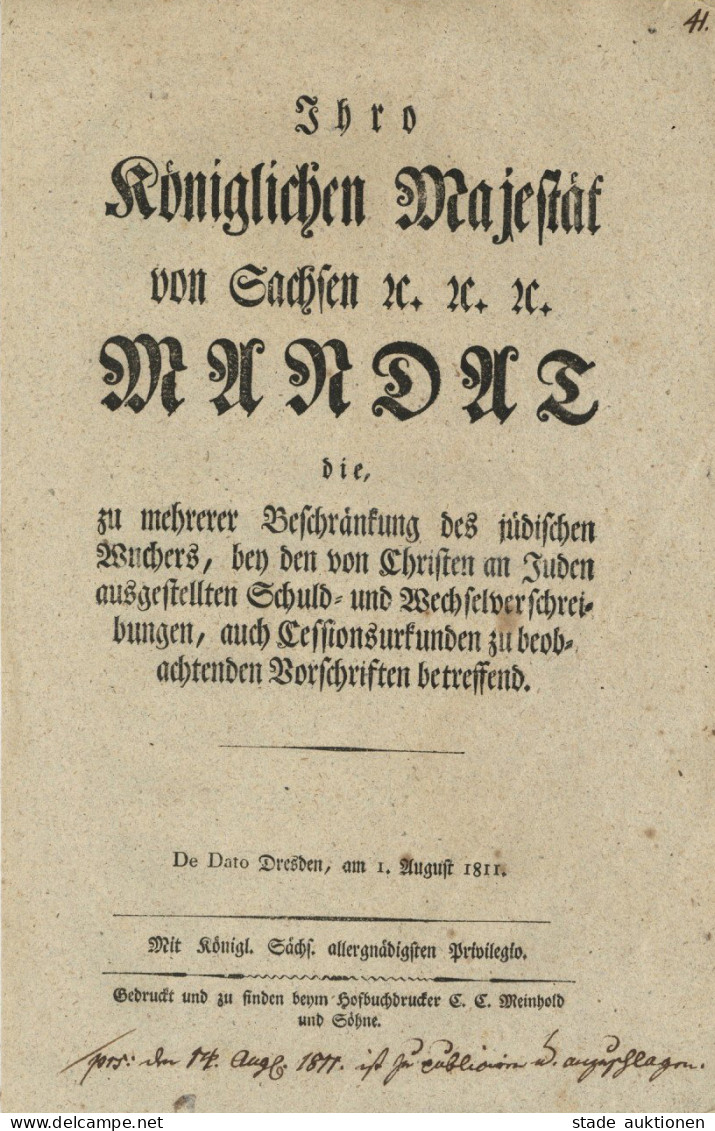 Judaika Schreiben Erlass Von König Friedrich August I. Zur Beschränkung Des Jüdischen Wuchers, Dresden 1811, 6 S. Origin - Jewish