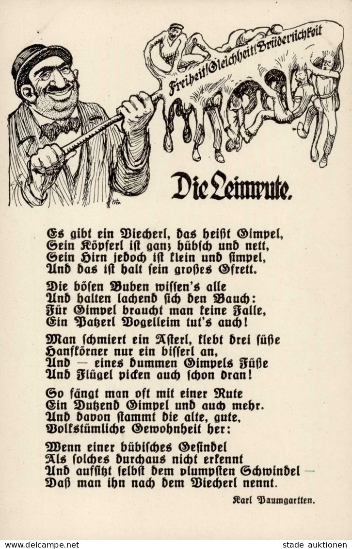 Judaika - ÖSTERREICH - Die LEIMRUTE Freiheit!Gleichheit!Brüderlichkeit Künstlerkarte Nr. 38 Grau I Judaisme - Judaika