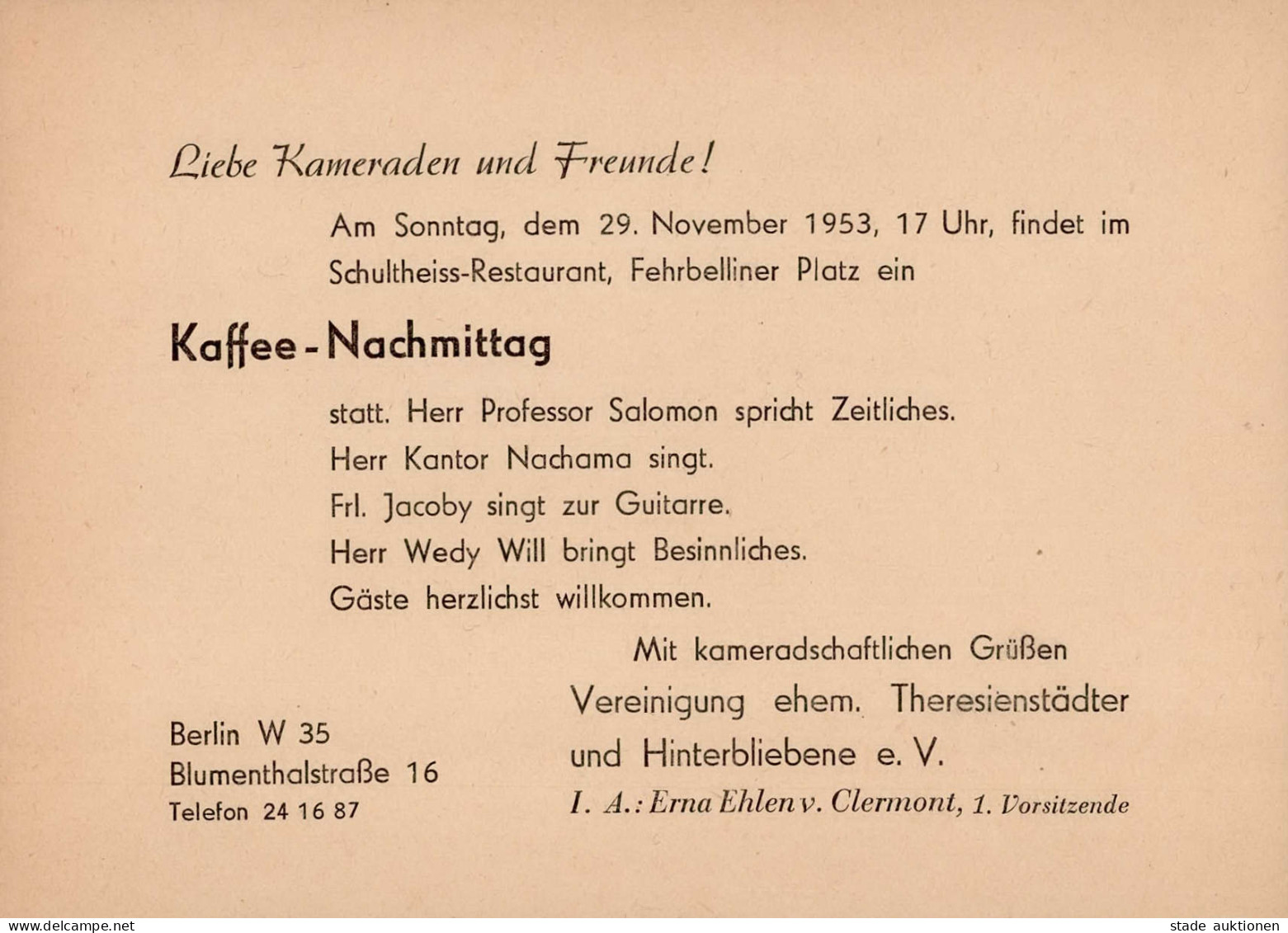 Judaika Berlin Einladungskarte 1953 Von Der Vereinigung Ehem. Theresienstädter Und Hinterbliebene E.V. Judaisme - Judaísmo