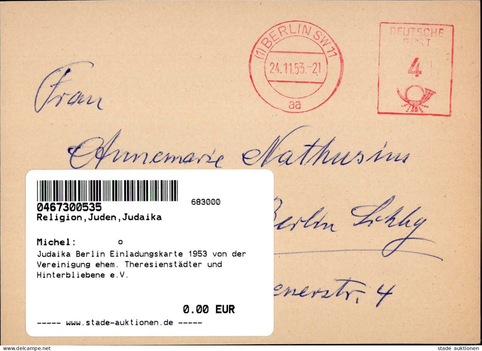 Judaika Berlin Einladungskarte 1953 Von Der Vereinigung Ehem. Theresienstädter Und Hinterbliebene E.V. Judaisme - Judaisme