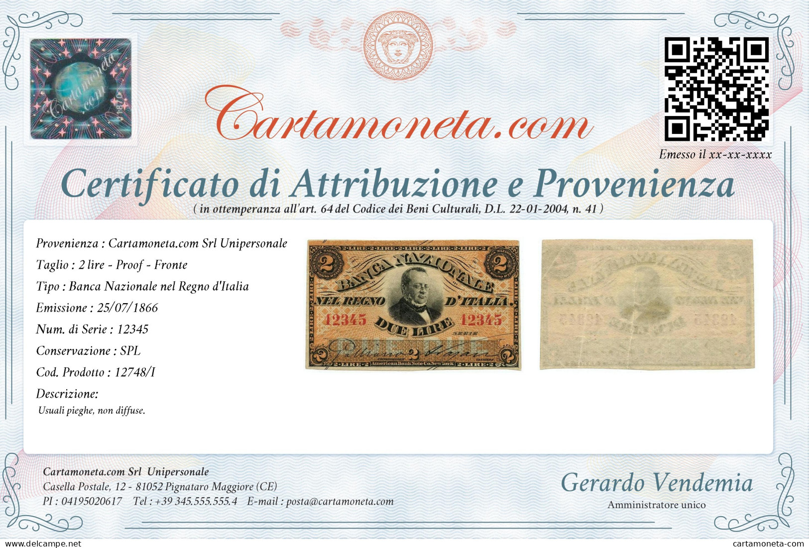 2 LIRE PROOF FRONTE BANCA NAZIONALE NEL REGNO D'ITALIA CAVOUR 25/07/1866 SPL - Altri & Non Classificati