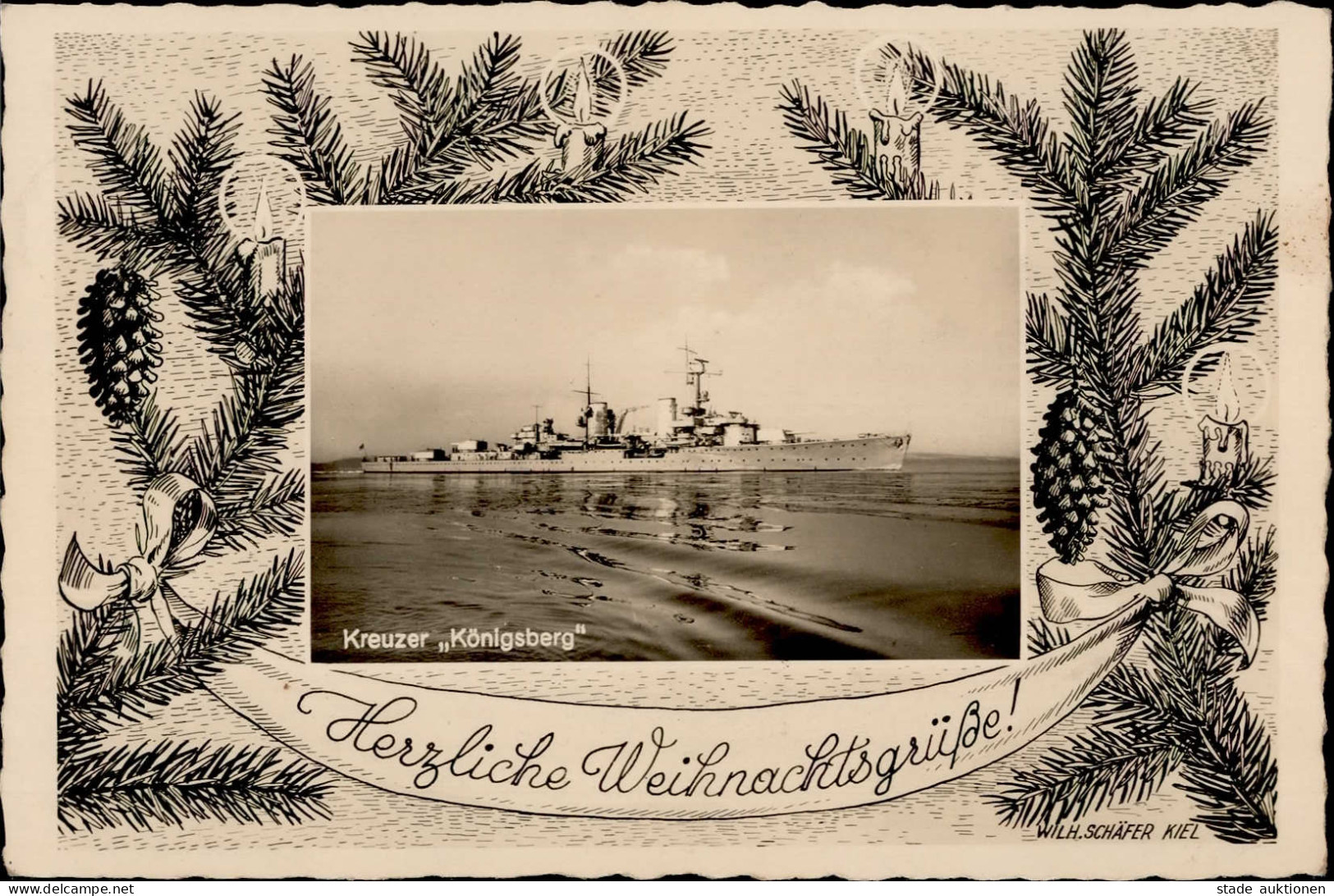 Schiff Kreuzer WK I Königsberg Weihnachten Sign. Schäfer, Wilh. I-II Noel Bateaux Bateaux - Guerra 1914-18