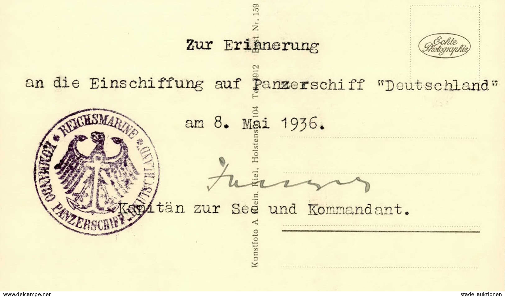 Panzerschiff Deutschland Mit Rückseitig UNTERSCHRIFT Kapitän Zur See Fanger, Paul 1936 I-II - Weltkrieg 1914-18