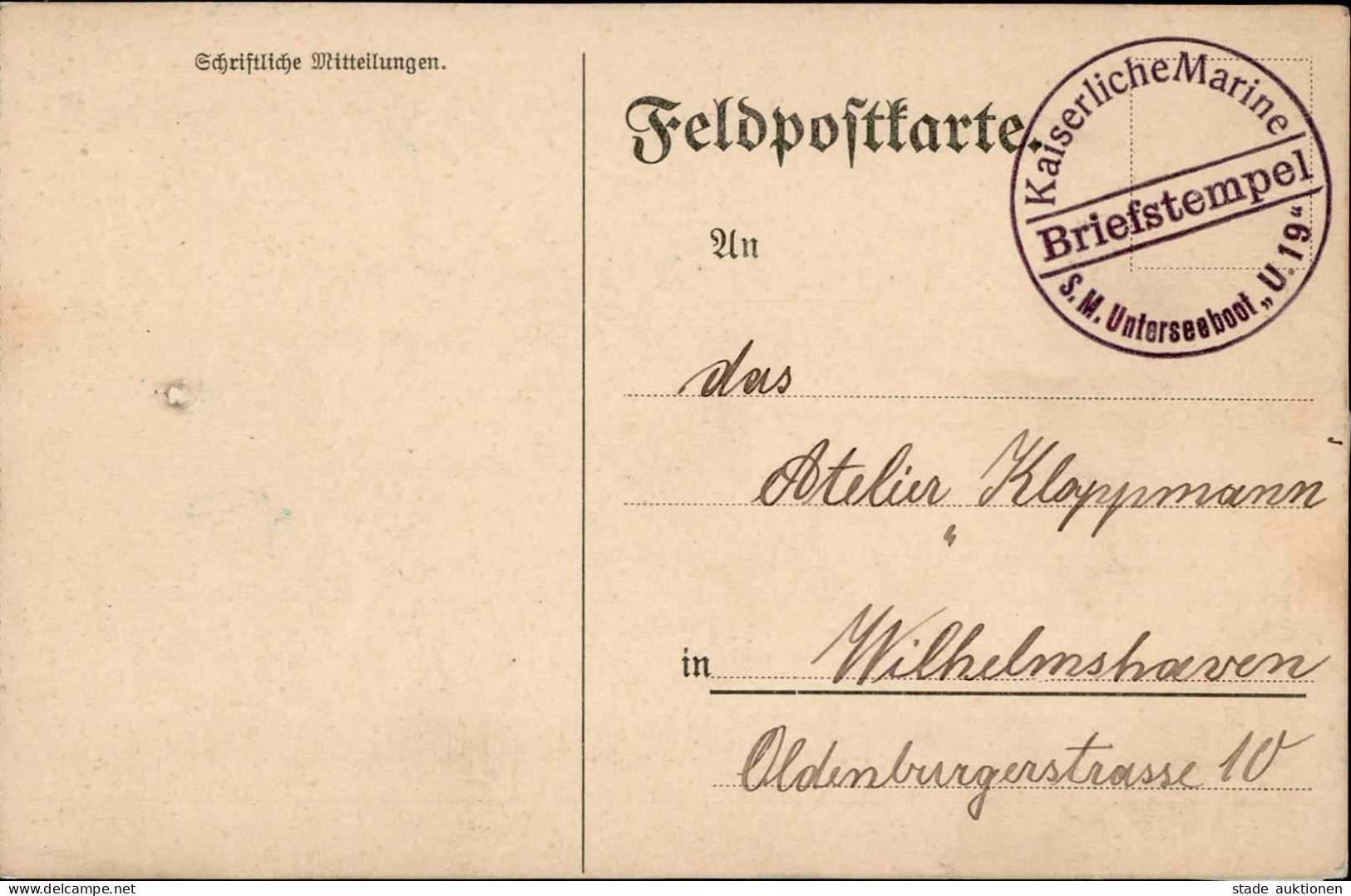 WK I Marine-Feldpost II. Unterseeboots-Flottille U-Boot U 19 Vom 3.6.1915 II (Druckstelle) - Weltkrieg 1914-18