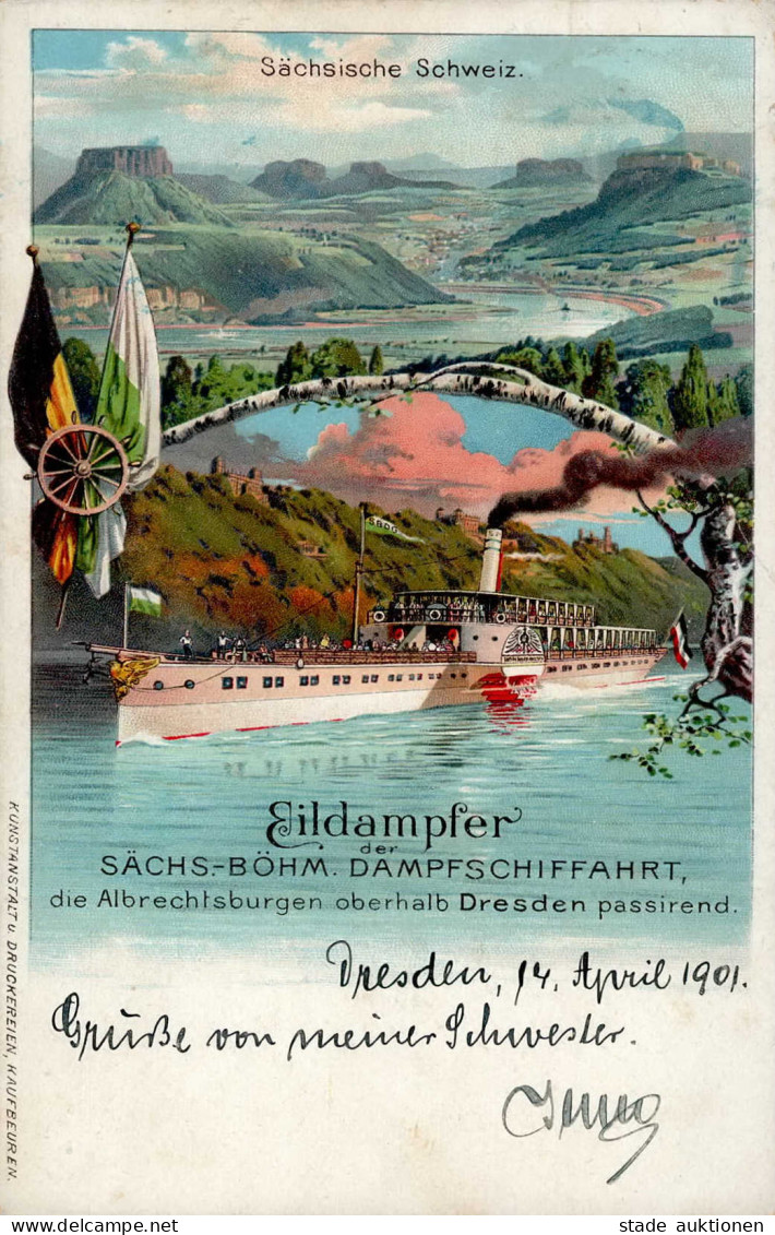 Eildampfer Sächsisch-Böhmische Schweiz Farblithographie 1901 I-II - War 1914-18