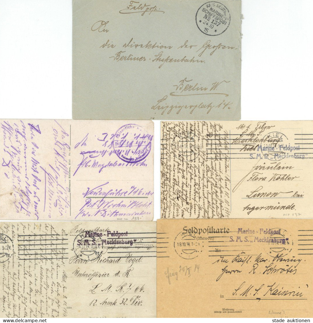 Feldpost WK I MSP No.137 S.M.S. Mecklenburg, 5 Belege 1914/15 - Weltkrieg 1914-18