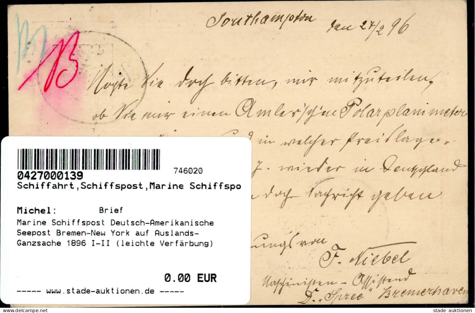 Marine Schiffspost Deutsch-Amerikanische Seepost Bremen-New York Auf Auslands-Ganzsache 1896 I-II (leichte Verfärbung) - Weltkrieg 1914-18