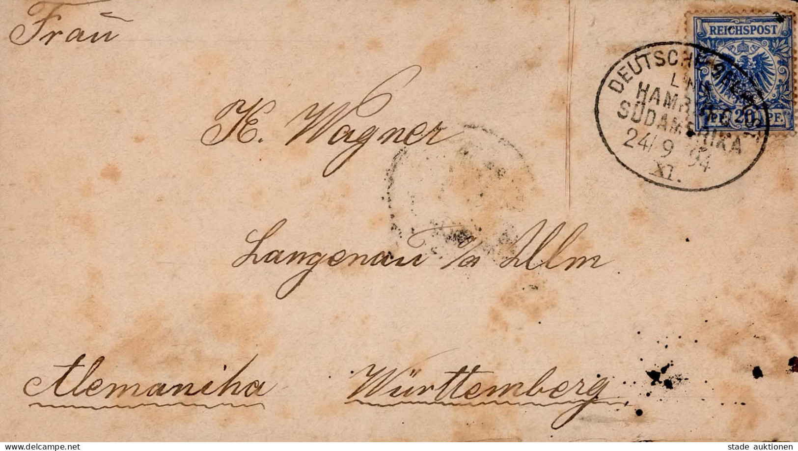 Marine Schiffspost Deutsche Seepost Linie Hamburg-Südamerika (über Lissabon), Rs. Ak-O Langenau 1894 II (stockfleckig) - Weltkrieg 1914-18