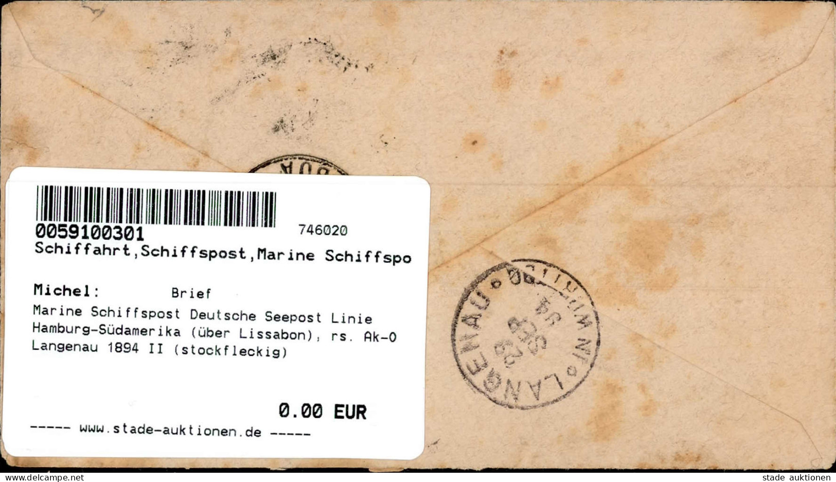 Marine Schiffspost Deutsche Seepost Linie Hamburg-Südamerika (über Lissabon), Rs. Ak-O Langenau 1894 II (stockfleckig) - Weltkrieg 1914-18