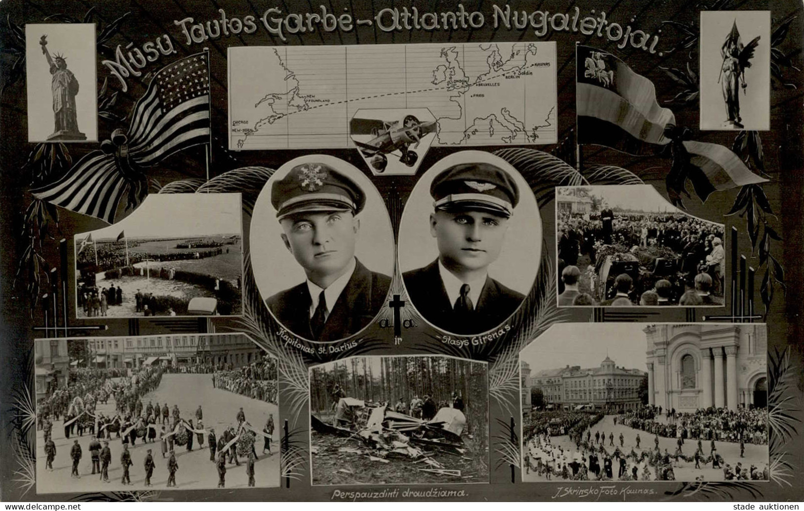 Litauen Atlantiküberquerer Darius Und Girenas. Gedenkkarte Für Die Verunglückten Piloten 1933 I-II - Oorlog 1914-18