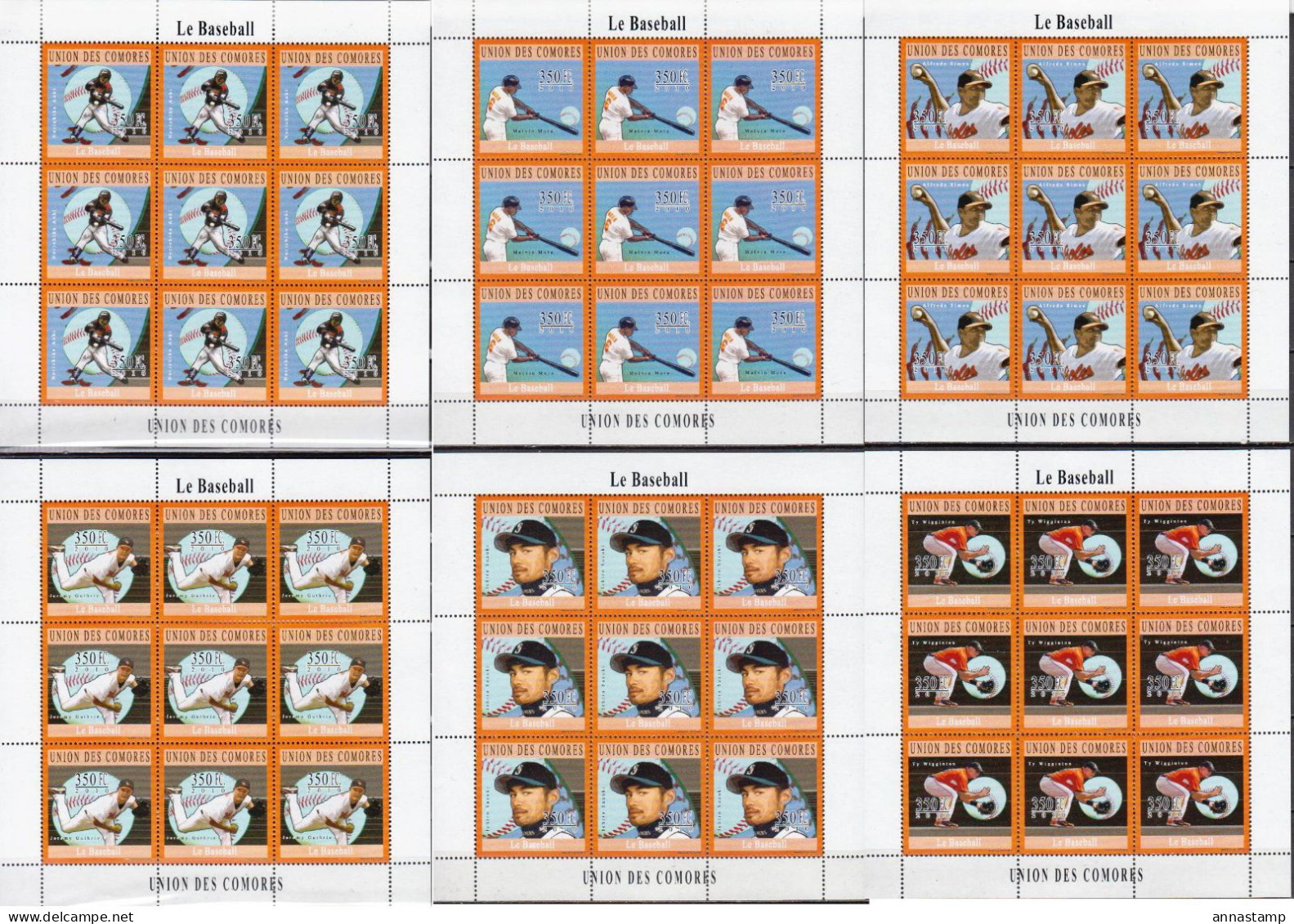 Comores 6 MNH Minisheets - Baseball