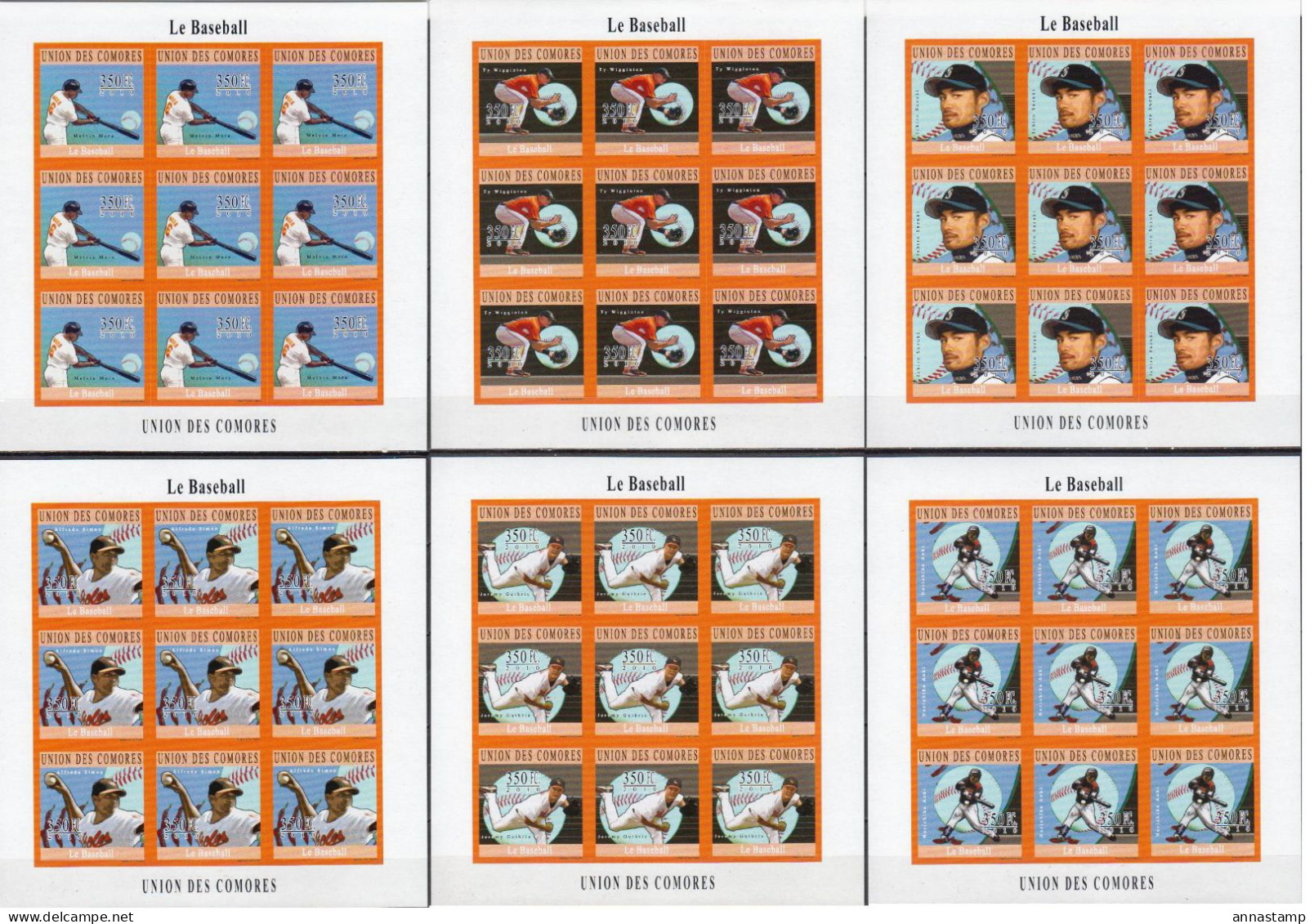 Comores 6 MNH Imperforated Minisheets - Baseball