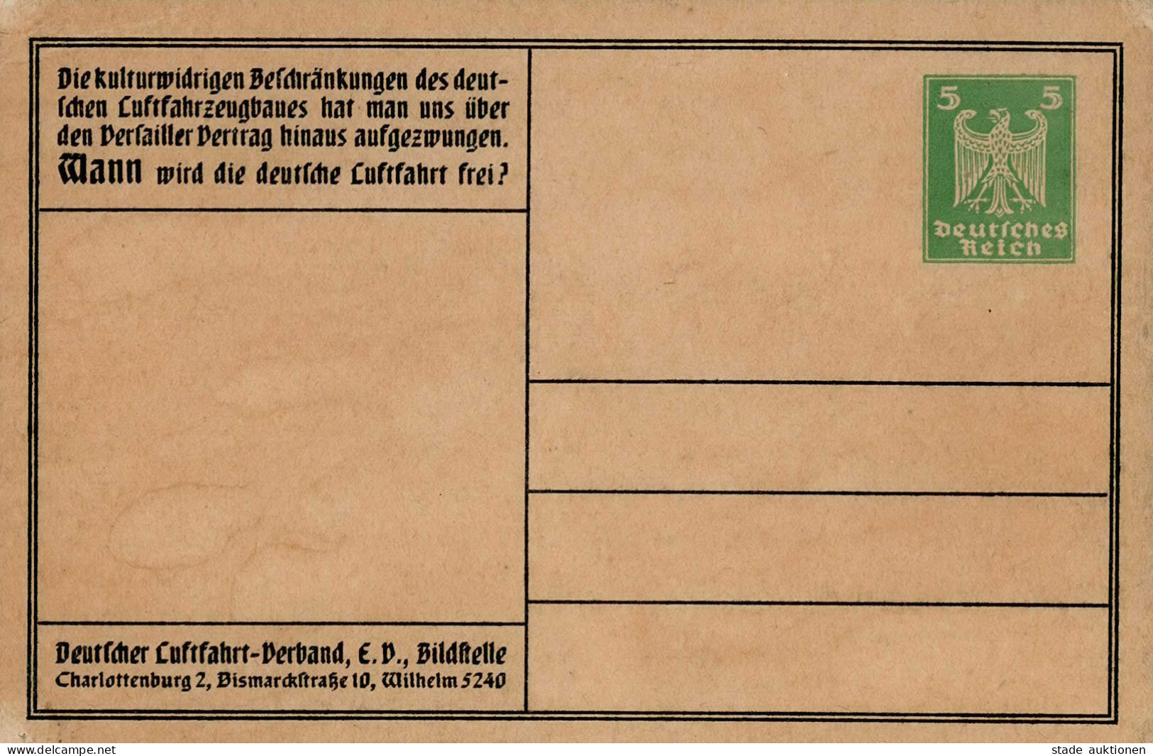 Deutsches Reich Luftfahrt Ca. 1924 Propaganda-GS Wann Wird Die Deutsche Luftfahrt Frei?" II- (Nadel-Loch, Eckknick)" - Oorlog 1914-18