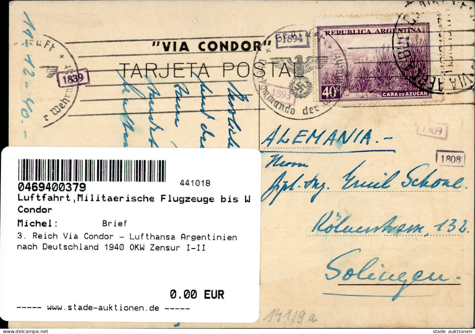 3. Reich Via Condor - Lufthansa Argentinien Nach Deutschland 1940 OKW Zensur I-II - Guerre 1914-18