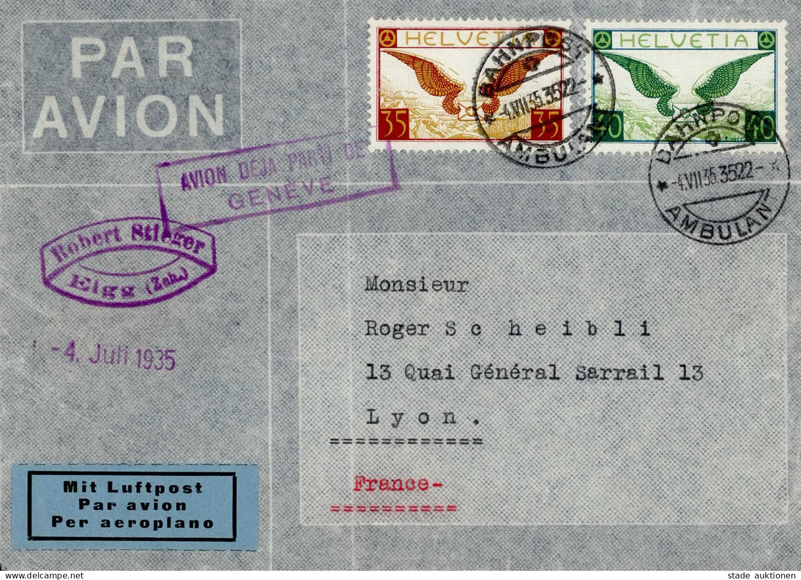 Schweiz Flugpost 1929 Kpl. Auf Luftpost-Brief Genf Nach Lyon I-II (senkrechter Bug, Marken Untangiert) - Guerre 1914-18