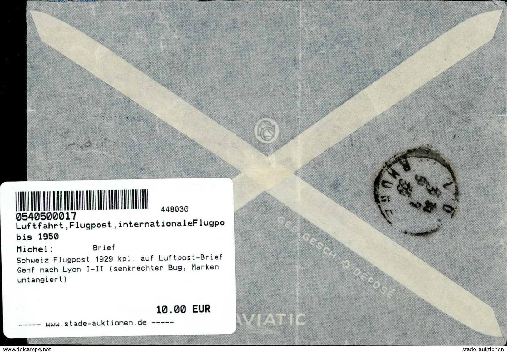 Schweiz Flugpost 1929 Kpl. Auf Luftpost-Brief Genf Nach Lyon I-II (senkrechter Bug, Marken Untangiert) - Guerre 1914-18
