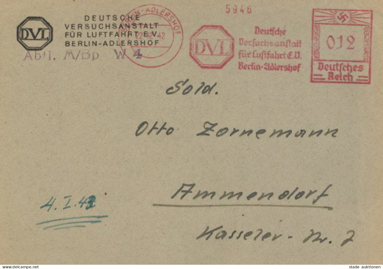 BERLIN-ADLERSHOF - Brief D. DEUTSCHEN VERSUCHSANSTALT Für LUFTFAHRT E.V. Berlin-Adlershof Mit Entspr. Franco-o V. 22.12. - War 1914-18