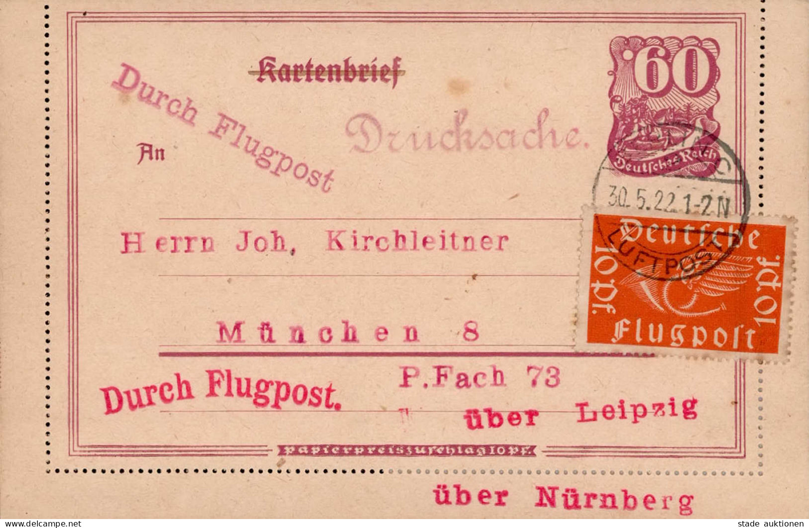 Deutsches Reich Berlin Luftpost über Leipzig Nach München 1922 I-II - War 1914-18