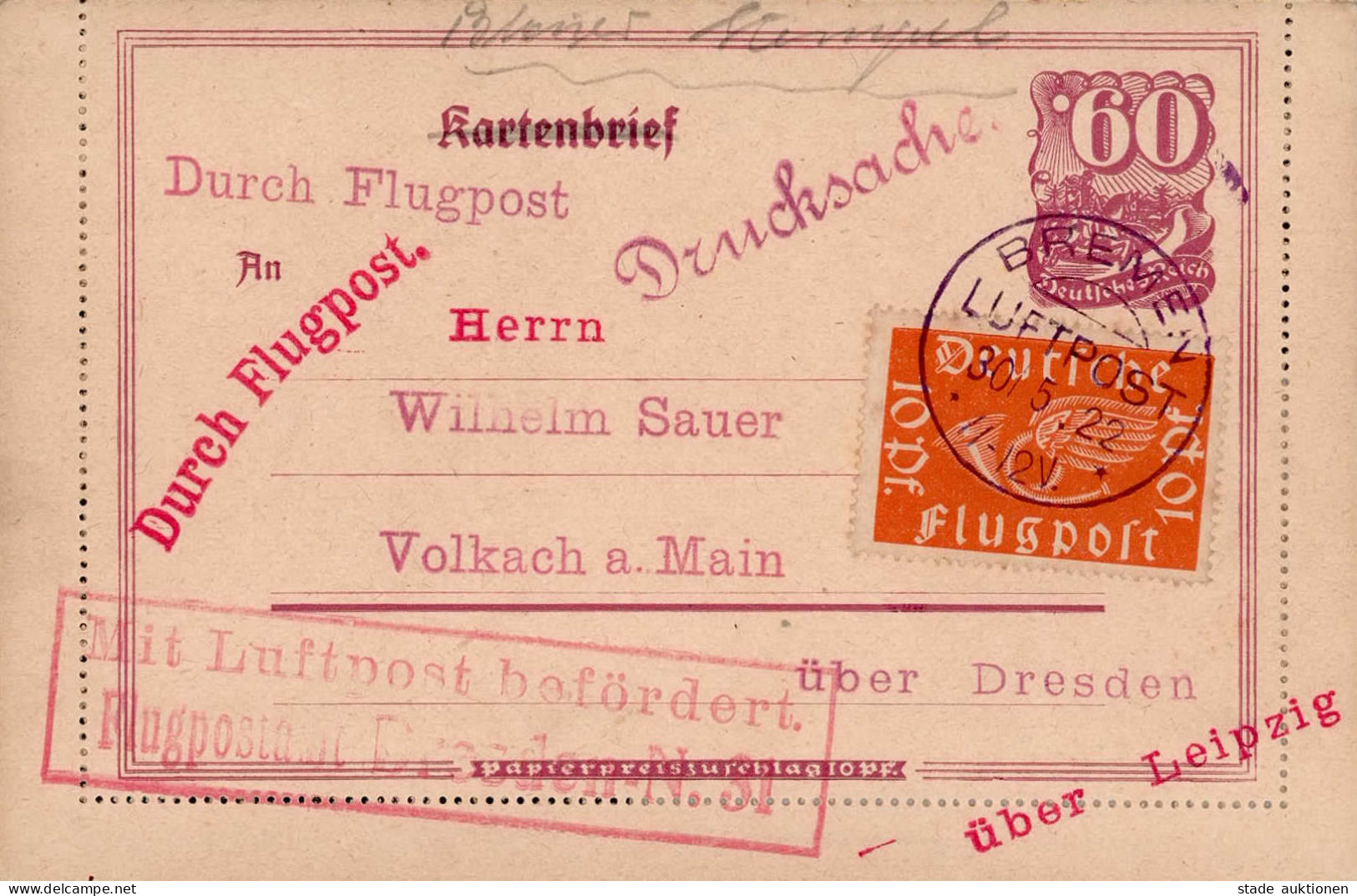 Deutsches Reich Bremen Luftpost über Dresden Nach München 1922 I-II - Weltkrieg 1914-18
