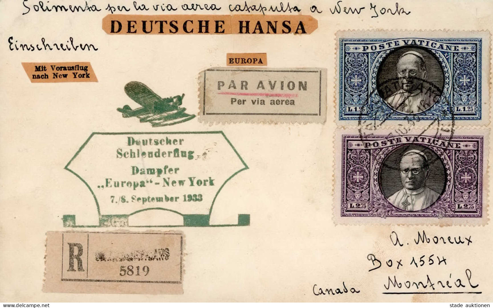 Deutsche Hansa Schleuderflug Katapultflug Dampfer Europa-New York 7./8.9.1933 Einschreiben Aus Vatikanstadt Mit Guter Fr - Dirigibili