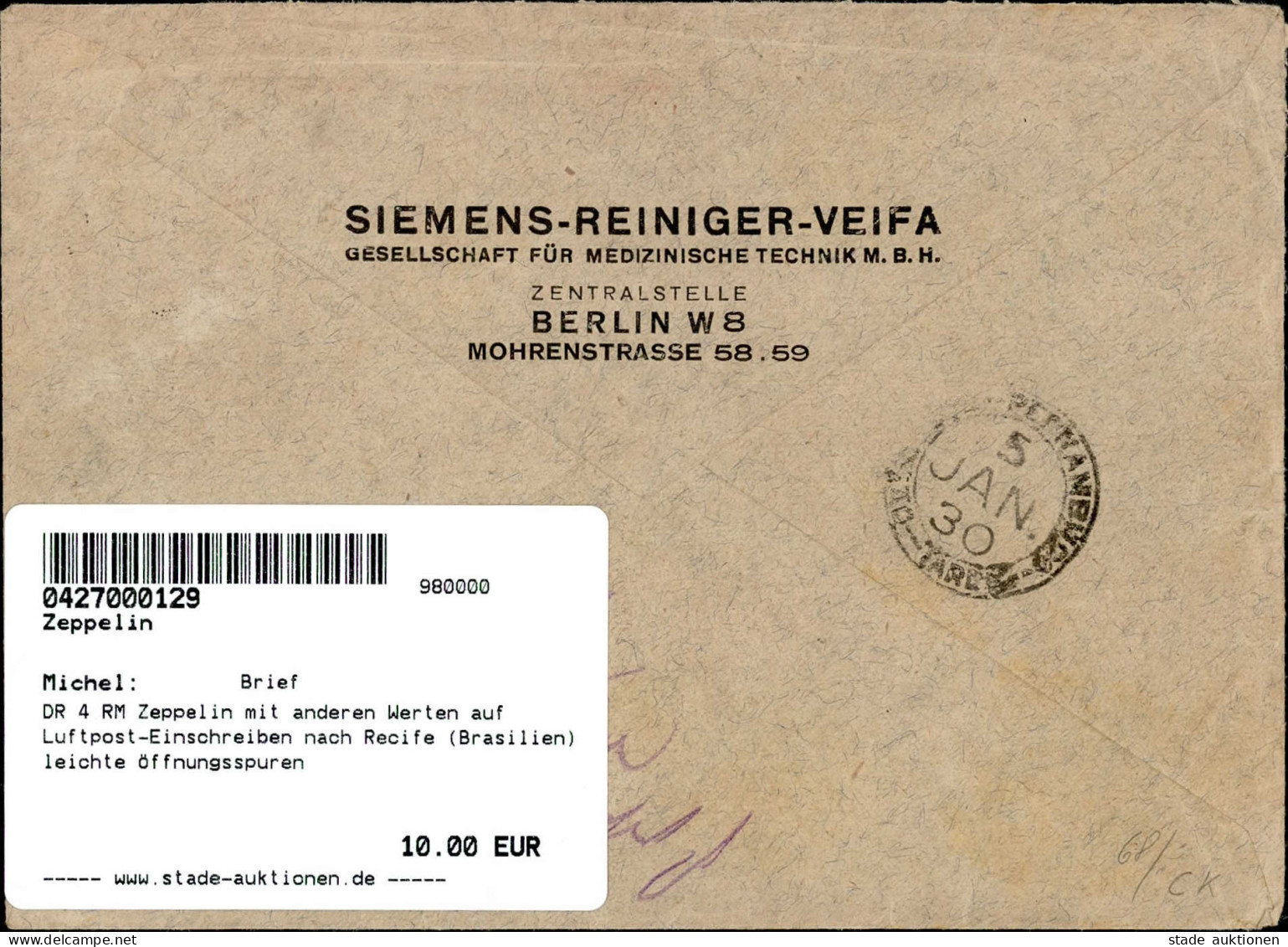 DR 4 RM Zeppelin Mit Anderen Werten Auf Luftpost-Einschreiben Nach Recife (Brasilien) Leichte Öffnungsspuren Dirigeable - Dirigeables