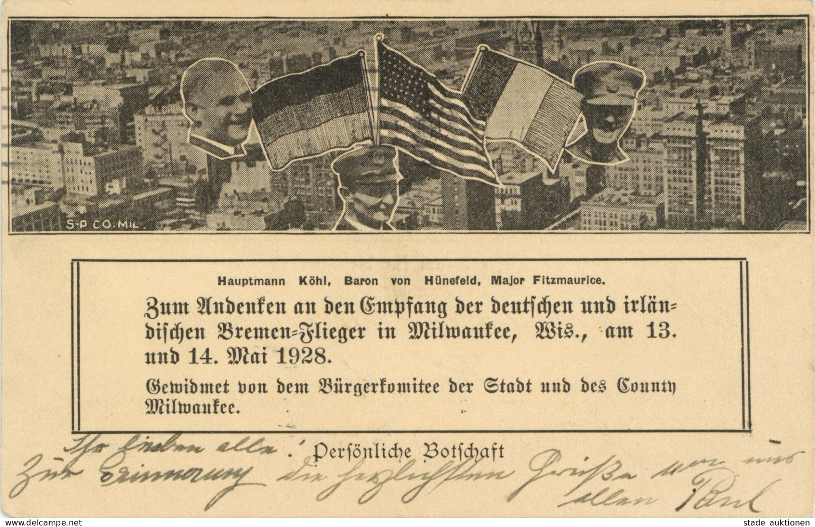 LUFTPOST Anlasskarte Hauptmann Köhl/Baron Von Hünefeld/Major Fitzmaurice Empfang Der Bremen-Flieger In Milwaukee 1928 I- - Airships