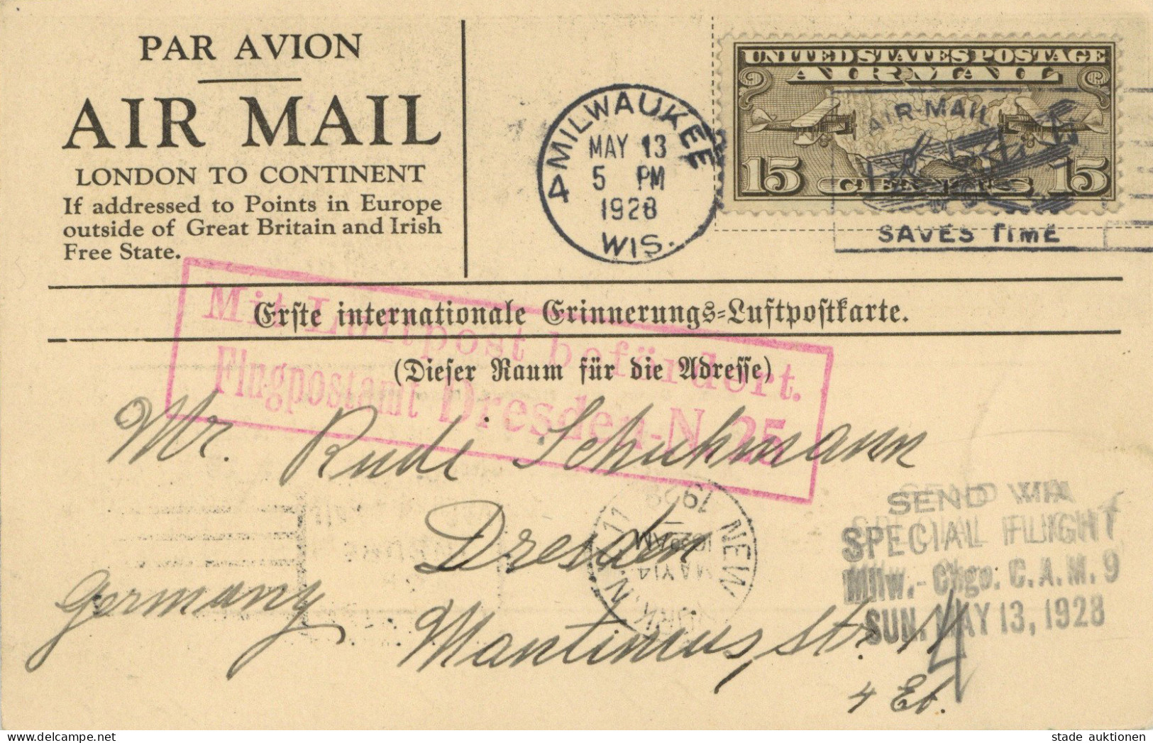 LUFTPOST Anlasskarte Hauptmann Köhl/Baron Von Hünefeld/Major Fitzmaurice Empfang Der Bremen-Flieger In Milwaukee 1928 I- - Dirigeables