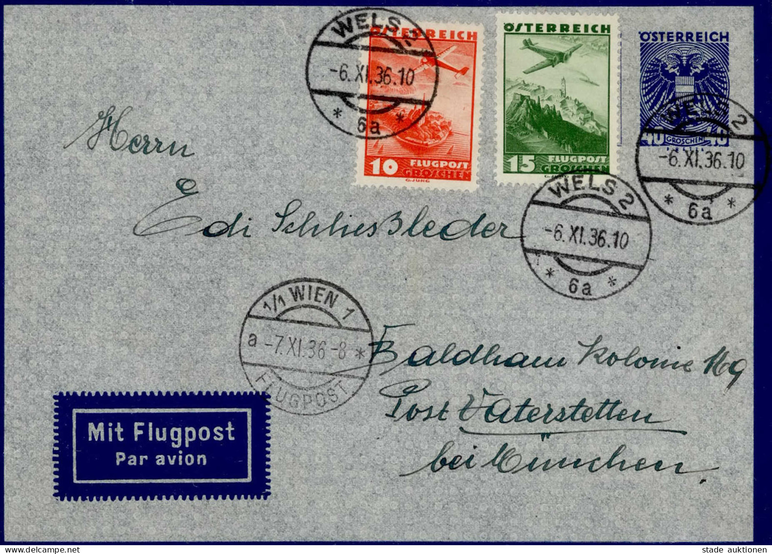 Luftpost Flugpost Österreich Aerogramm GU Mit ZuFr Von Wels  Wien-Flugpost 1936 - Dirigibili