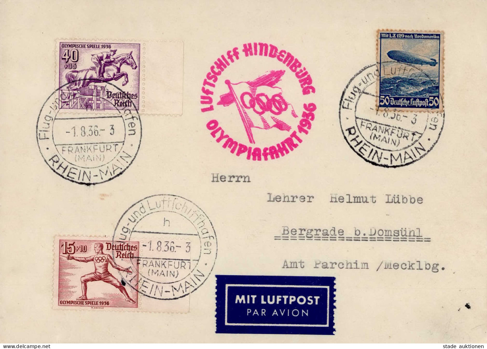 Zeppelin-Post Sieger 427 Olympiafahrt 1936 (rs. Ak-O) I- Dirigeable - Dirigeables