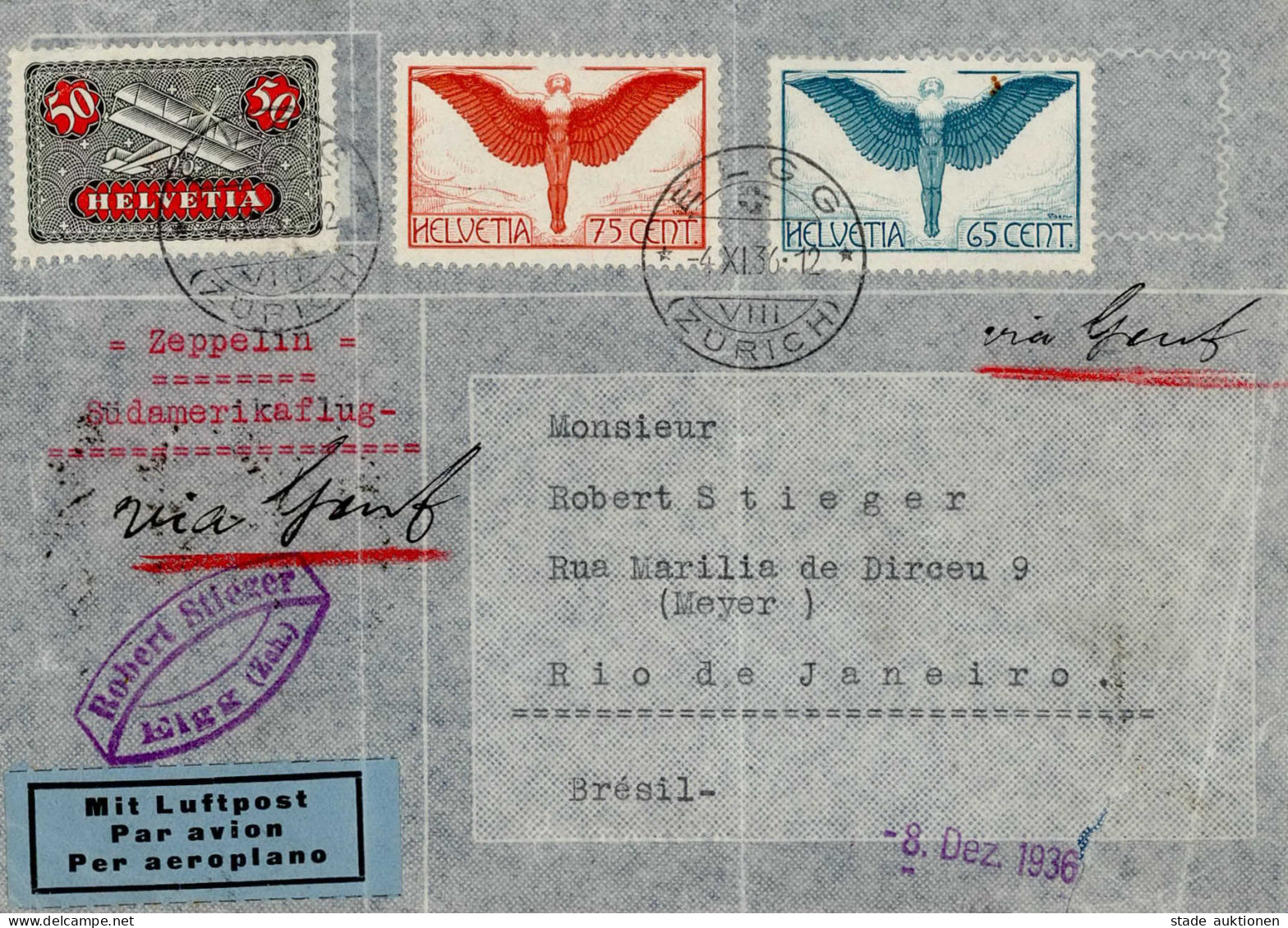 Zeppelinpost 18. Südamerikafahrt Zuleitung Schweiz (ohne Stempel), Rs. Ak-O, II- (Knicke, Einriss) Dirigeable - Dirigibili