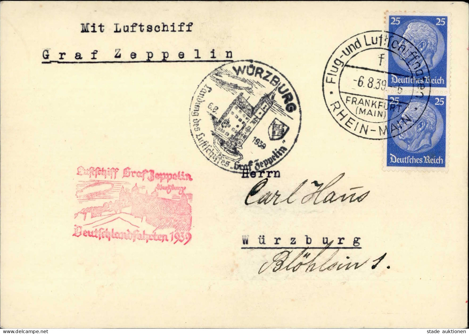 Zeppelinkarte 1939 - Sieger 461 WÜRZBURG-Fahrt I-II - Dirigibili