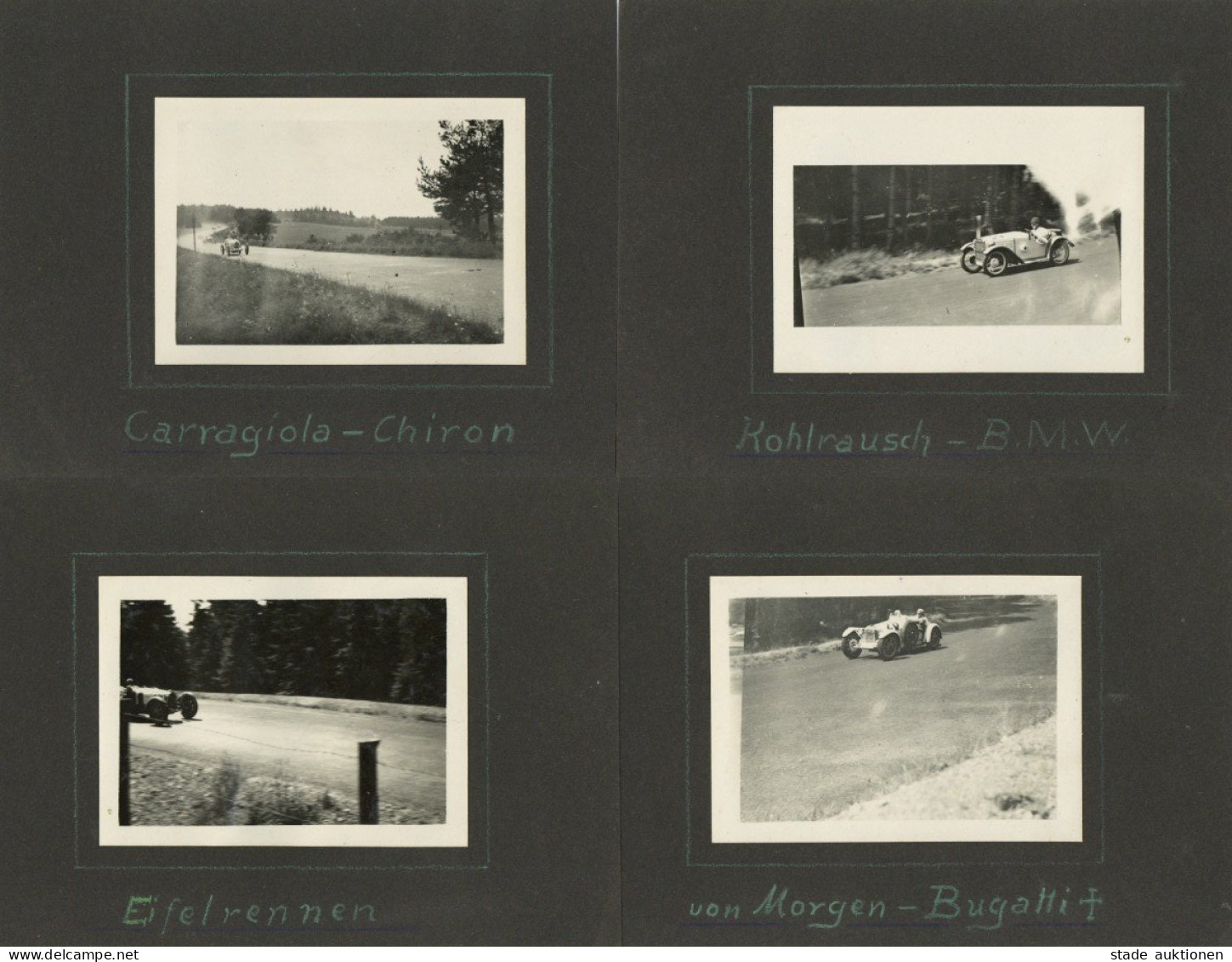 Motorsport Eifelrennen Ca. 1930 4 Kleinformatige Originalfotos Auf Fotokarton Befestigt, Morgen-Bugatti, Kohlrausch-BMW, - Sonstige & Ohne Zuordnung