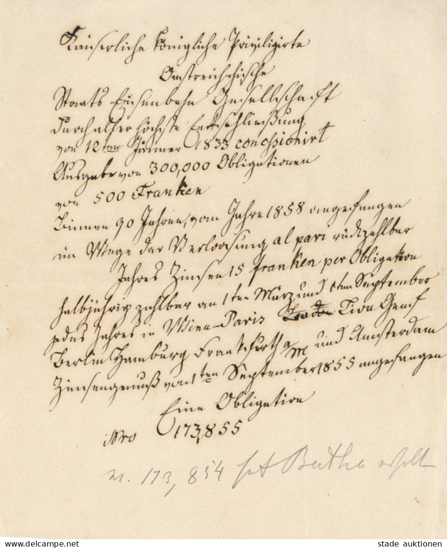 K.K. Priveligierte Österreichische Staats-Eisenbahn-Gesellschaft 1859. Handschriftliche Obligation Vom September 1859 üb - Trains