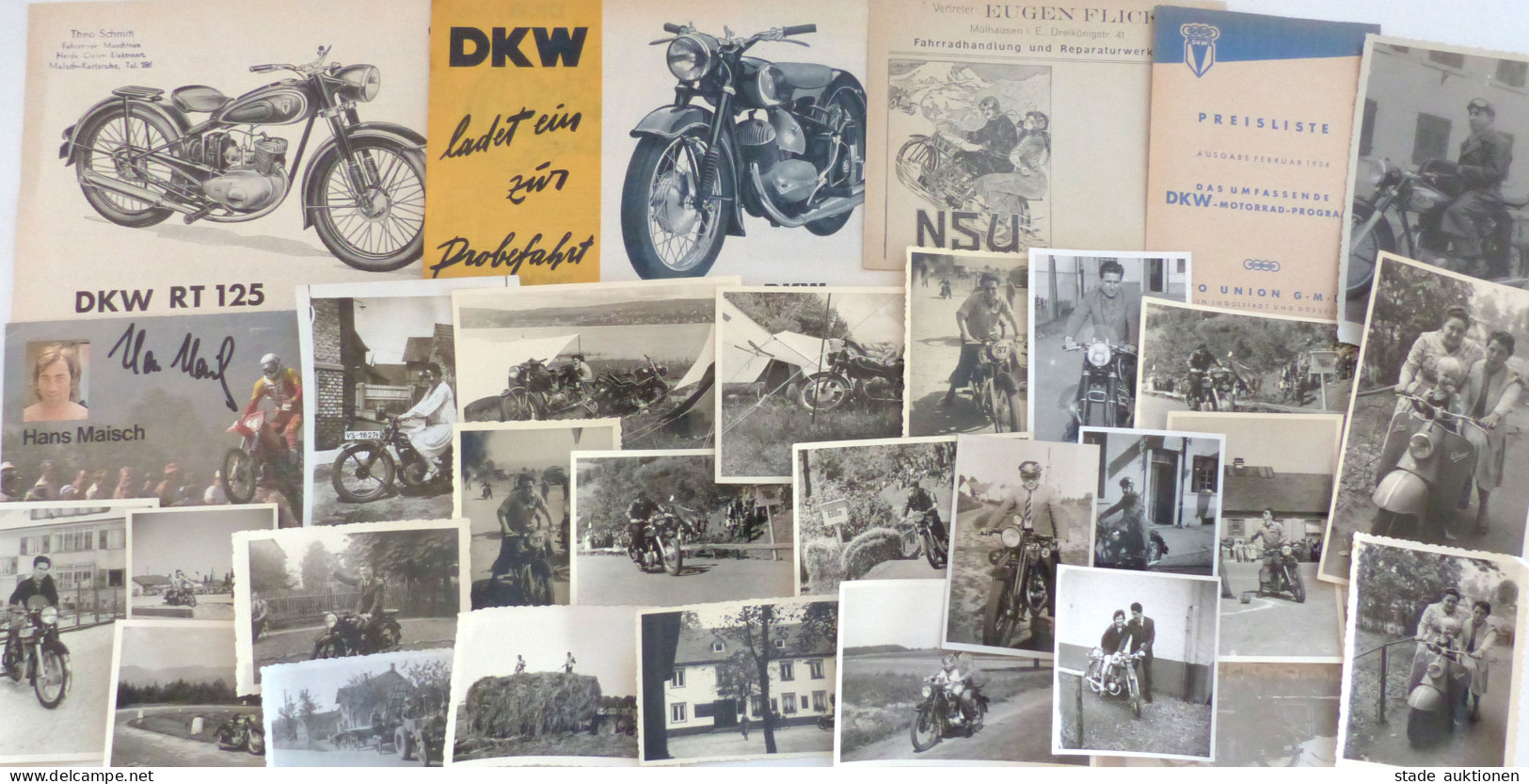 Motorrad Konvolut Mit Prospekten NSU, 27 Fotos Und Autogramm-Karte Mit Original-Unterschrift Von Maisch, Hans 1983 II - Motorräder