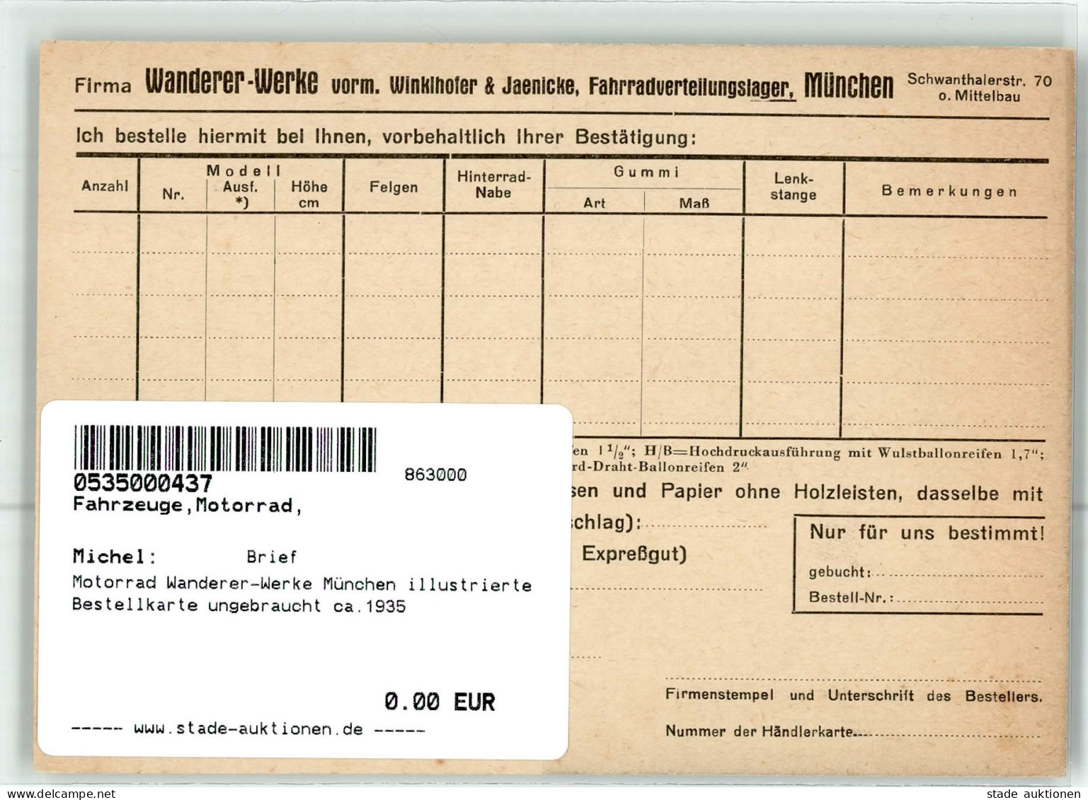 Motorrad Wanderer-Werke München Illustrierte Bestellkarte Ungebraucht Ca.1935 - Motorräder