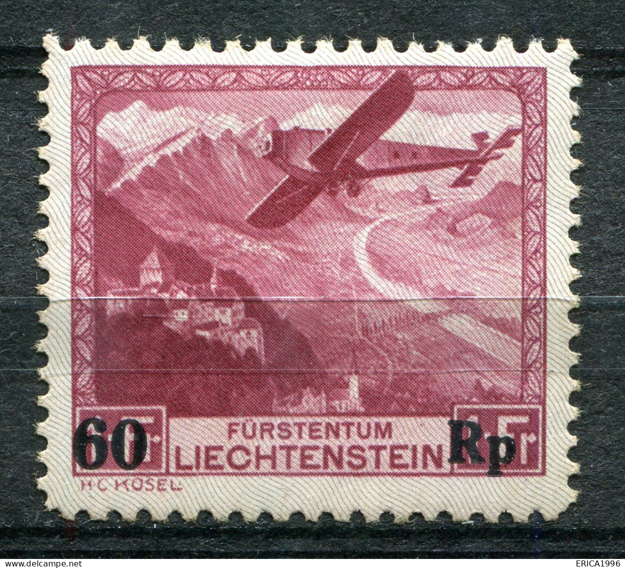 Z3720 LIECHTENSTEIN 1935 Posta Aerea Aereo In Volo, Soprastampato 60 R. Su 1 Fr., MH*, Valore Catalogo Unificato € 50, O - Aéreo