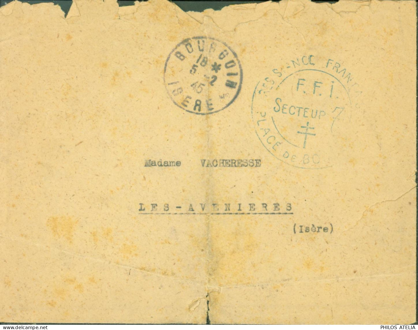 Guerre 40 Cachet Résistance Française Place De Bourgoin FFI Secteur 7 CAD Bourgoin 5 2 1945 - Guerra De 1939-45