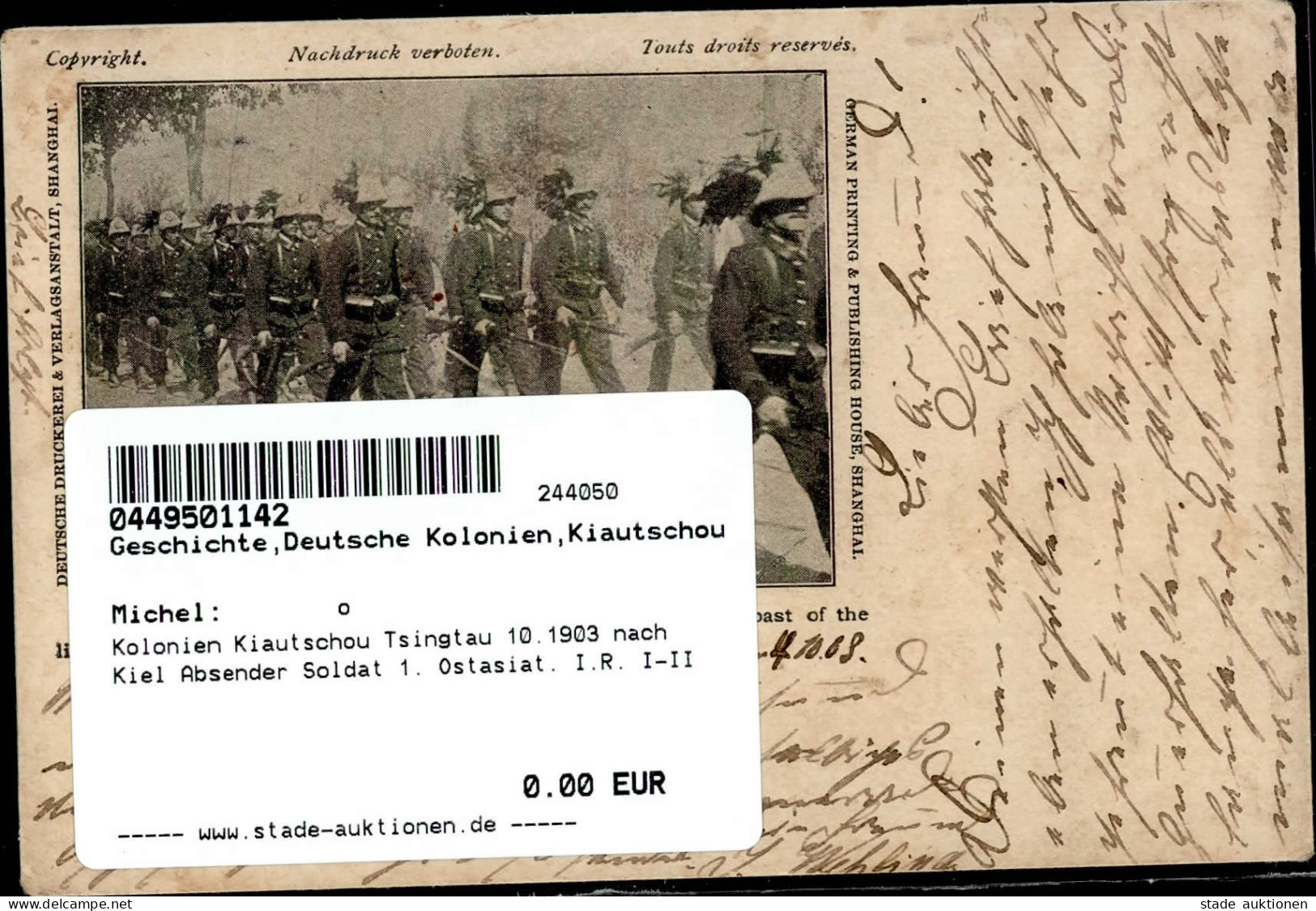 Kolonien Kiautschou Tsingtau 10.1903 Nach Kiel Absender Soldat 1. Ostasiat. I.R. I-II Colonies - Ehemalige Dt. Kolonien