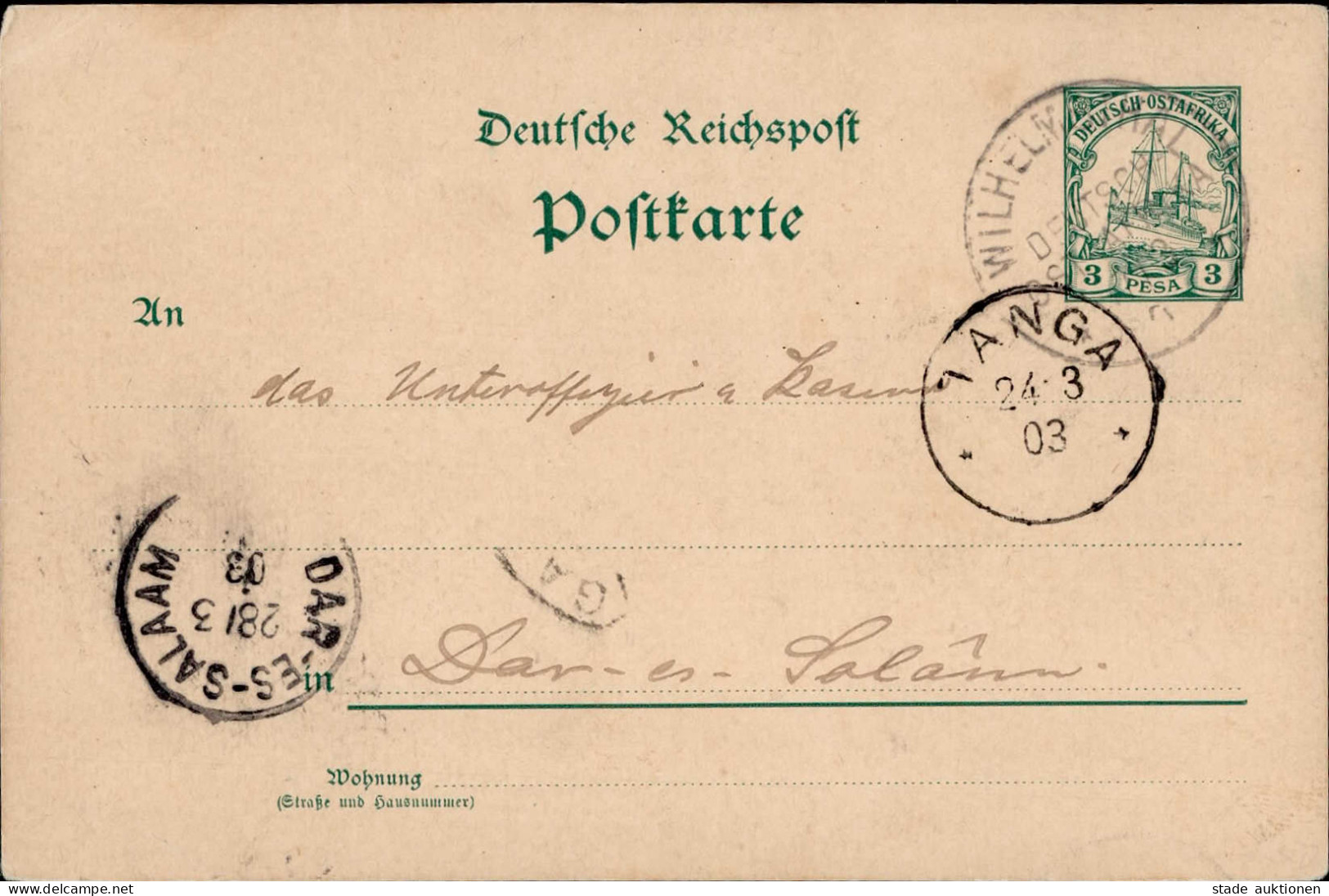 Kolonien Deutsch-Ostafrika Stempel Wilhelmsthal 03.1903 Inlandsverwendung Mit Durchgangsstempel Tanga Und Ak-O Dar-Es-Sa - Ehemalige Dt. Kolonien