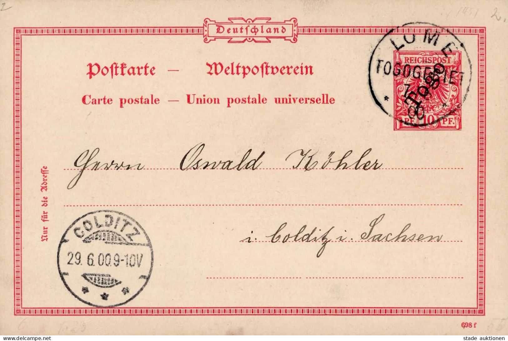 Kolonien Togo Stempel Lome Togogebiet 7.6.00 Nach Colditz I-II Colonies - Ehemalige Dt. Kolonien