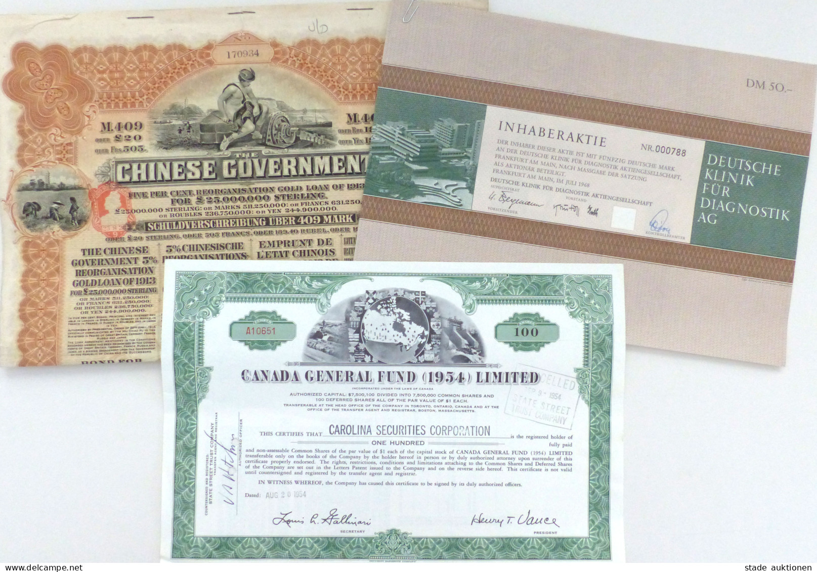 Aktien Lot Mit 3 Aktien. Dabei China 1913 Schuldverschreibung über 409 Mark Mit Coupons, Kanada 1954 100 Dollars Und Fra - Ehemalige Dt. Kolonien