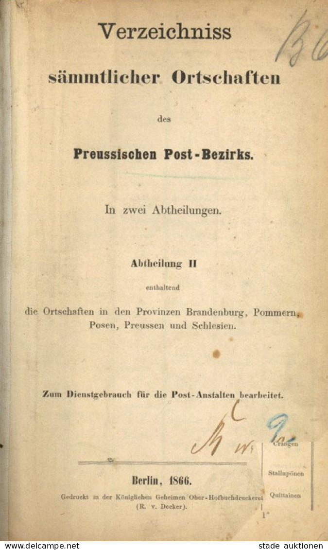 Postwesen Verzeichniss Sämtlicher Ortschaften Des Preussischen Post-Bezirks 1866 Abt. II Enthalten Die Ortschaften In De - Sonstige & Ohne Zuordnung