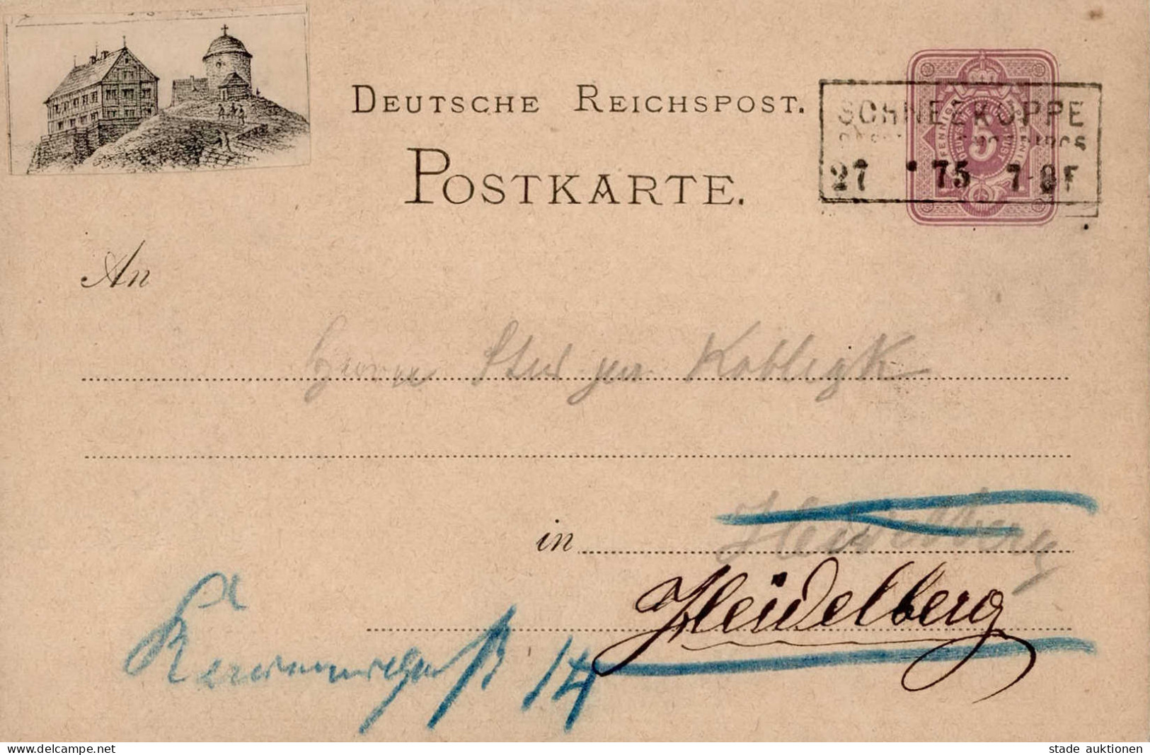 Vorläufer 1875 GSK PP4 F25-04 Schneekoppe Koppenbaude Als Vignette Aufgeklebt 27.7.1875 Nach Heidelberg Mit Rahmenstempe - History