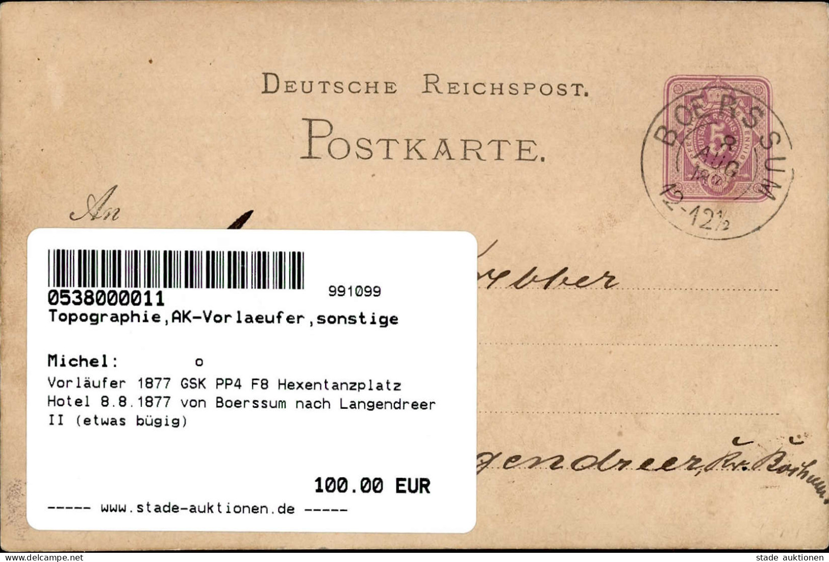 Vorläufer 1877 GSK PP4 F8 Hexentanzplatz Hotel 8.8.1877 Von Boerssum Nach Langendreer II (etwas Bügig) - Histoire