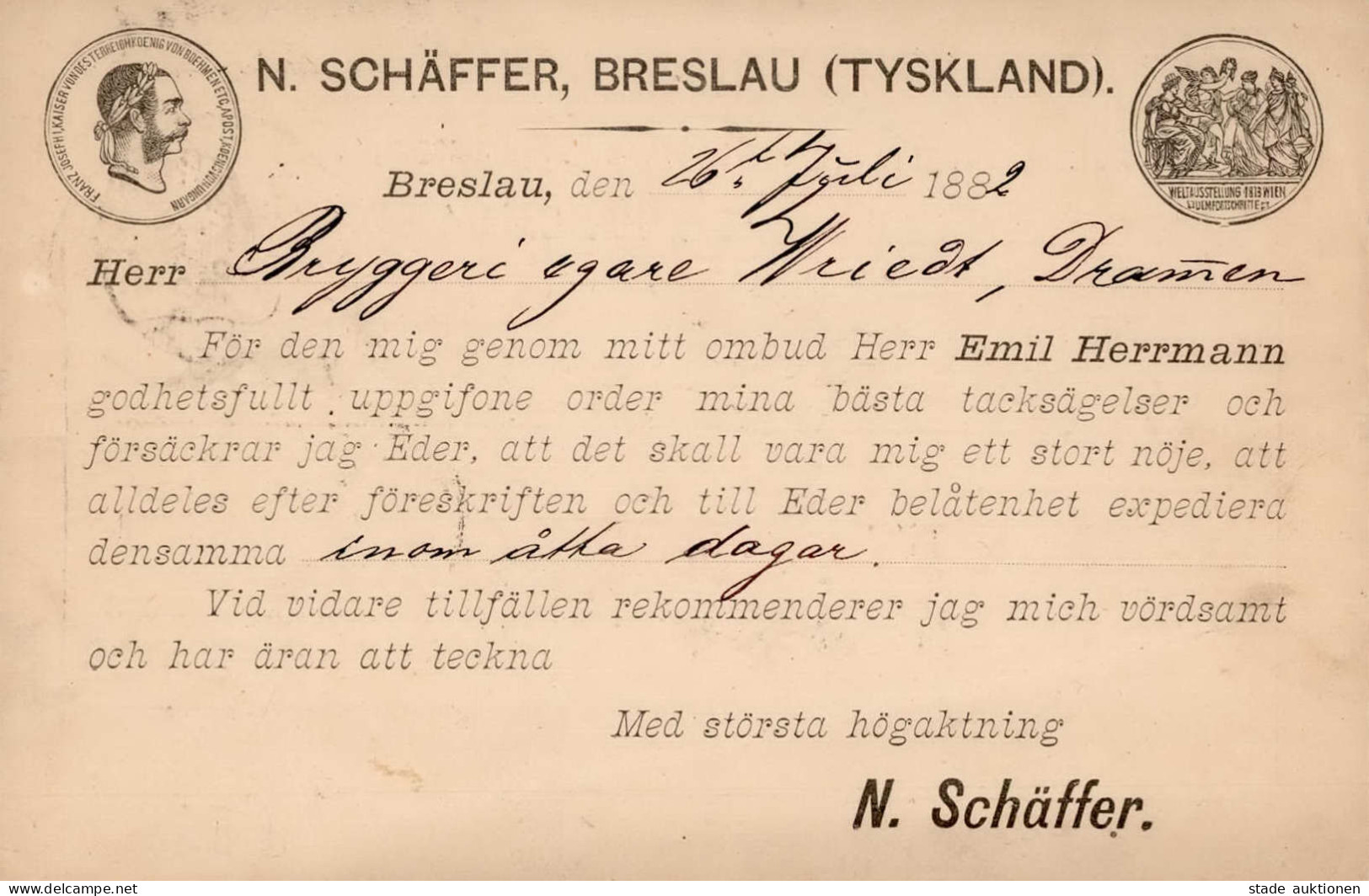 Vorläufer 1882 Breslau Vertreterkarte Fa. N. Schäfer Auf GSK PP5 II (größerer Eckbug) - Historia