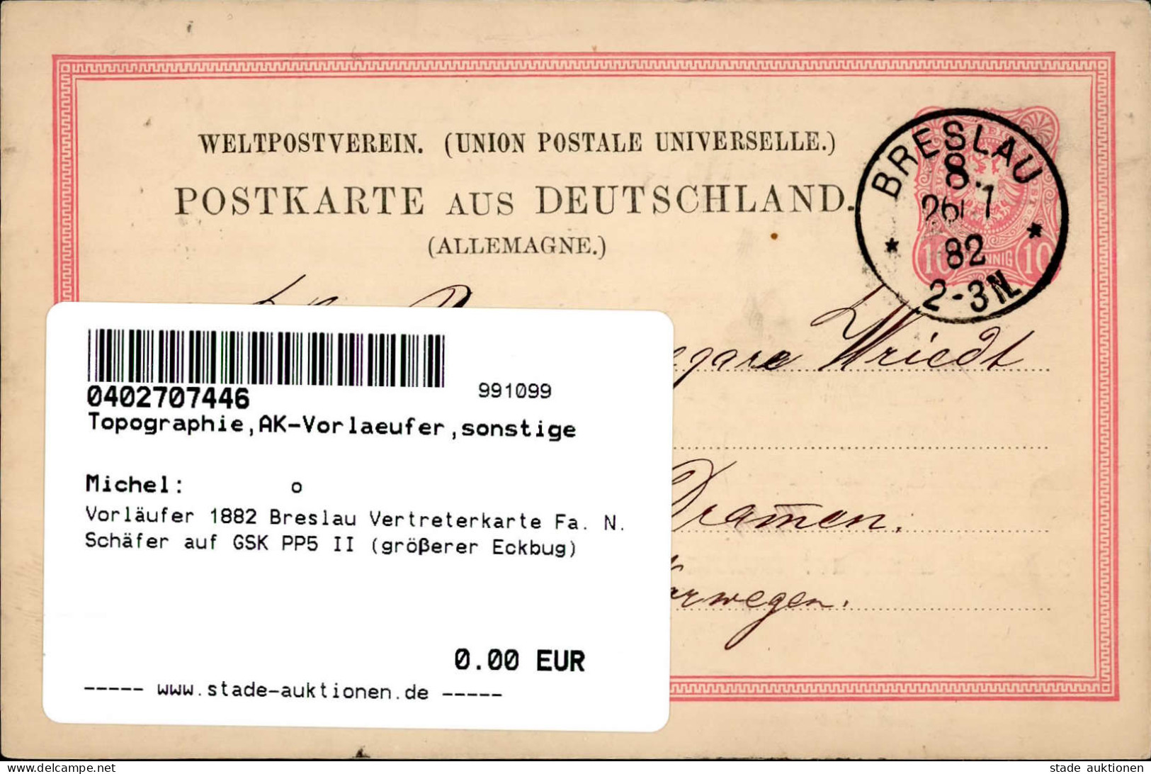 Vorläufer 1882 Breslau Vertreterkarte Fa. N. Schäfer Auf GSK PP5 II (größerer Eckbug) - Histoire