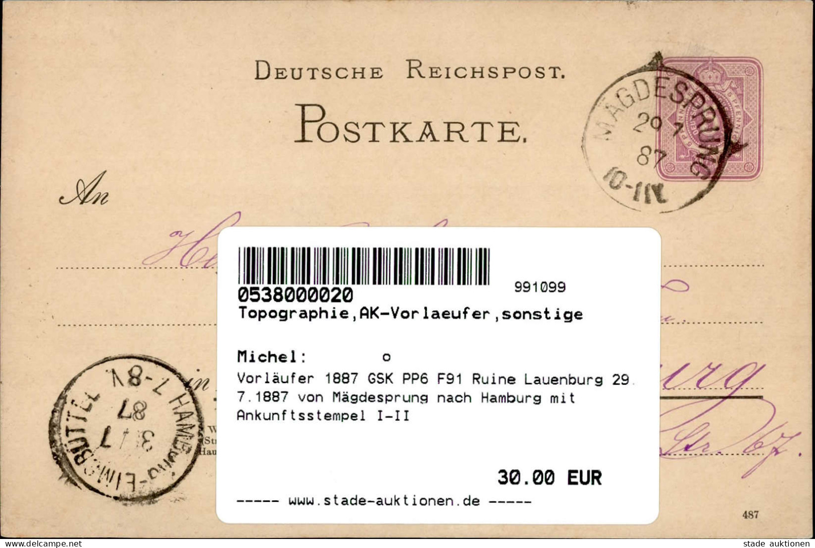 Vorläufer 1887 GSK PP6 F91 Ruine Lauenburg 29.7.1887 Von Mägdesprung Nach Hamburg Mit Ankunftsstempel I-II - Geschichte